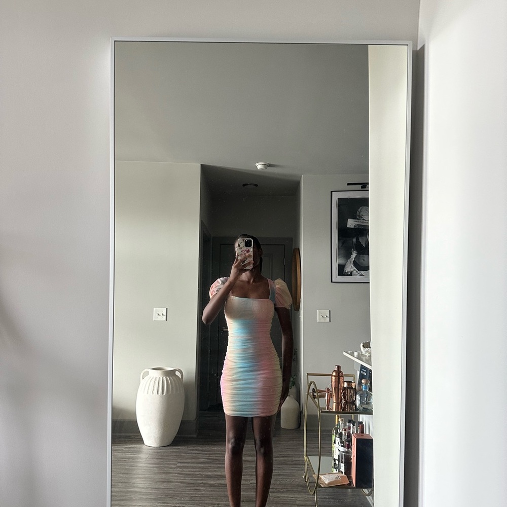 Multicolor Puff Sleeve Bodycon Dress